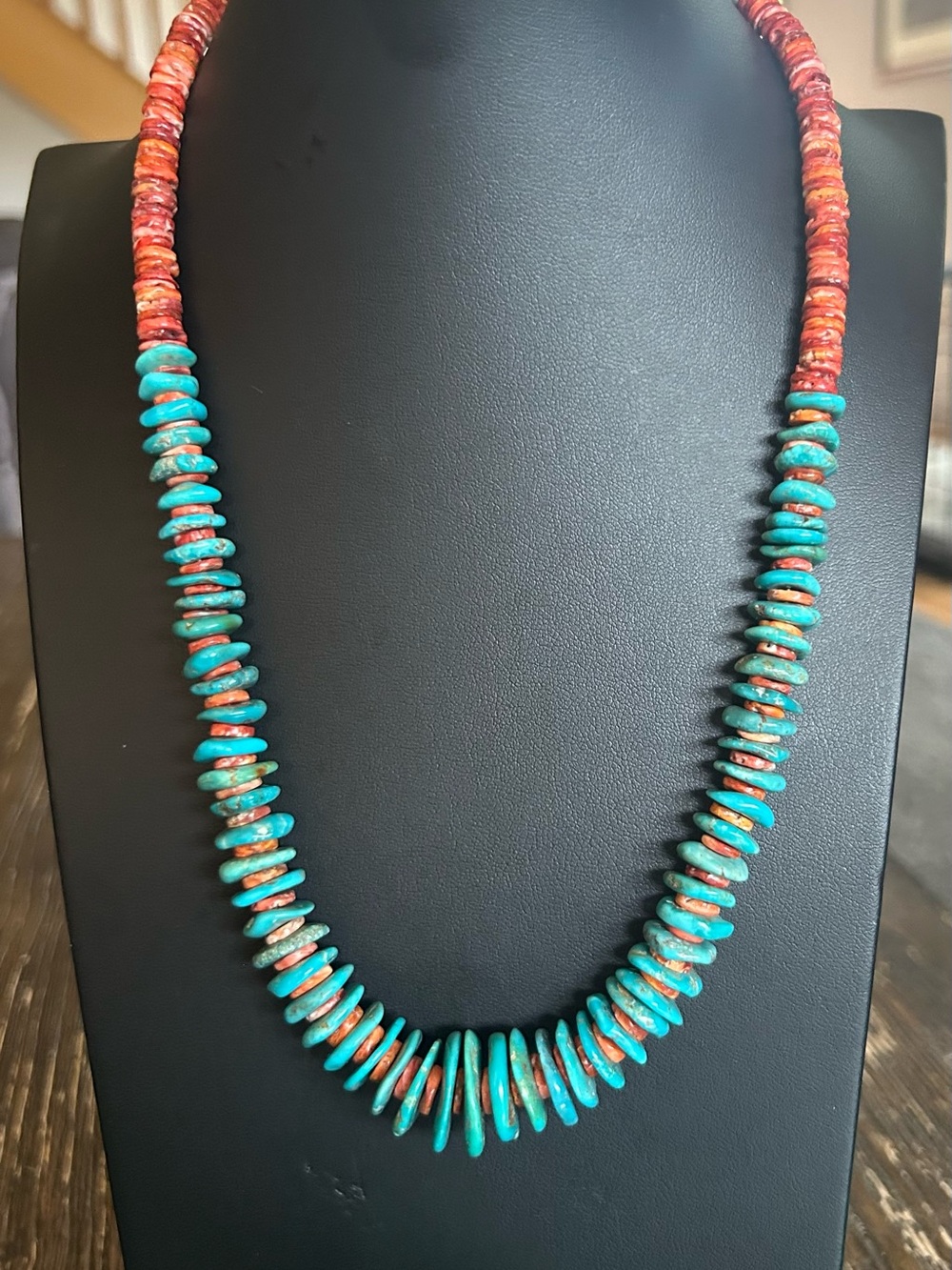 Turquoise And Coral Vintage Heishi Bead Necklace,Sterling Silver